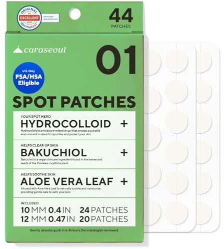 caraseoul Pimple Patches (44 Count) | [2 Size] Hydrocolloid Acne Patch for Zits and Blemishes, Bakuchiol & Aloe Vera, Korean Skin Care, Easy to Use, Dermatology