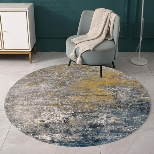 ARUGYTEI Teppich Rund, Multi Yellow ø 160 cm, Vintage Modern Design Teppiche Wohnzimmer Bettvorleger Schlafzimmer rutschfest Waschbar,Modernes Design Marineblau, Schwarz Grau, Gelb, Creme Deko