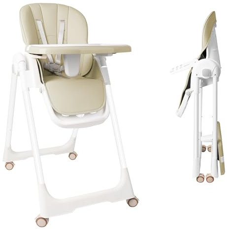 FIVMEN Hochstuhl Baby Klappbar Kinderstuhl Kinderhochstuhl Höhenverstellbarer mit Liegefunktion und 5-Punkt-Gurt Tragbarer Babystuhl Babyhochstuhl für Zuhause und Unterwegs, Beige
