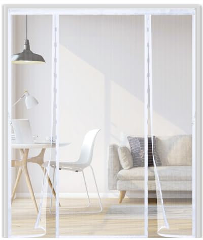 Mosquitera Puerta Magnética 220x210cm,Doble Apertura Lateral, Cierre Automático sin Huecos, Cortina Mosquitera para Puerta Corredera, Balcón y Terraza, Fácil Instalación, Blanco