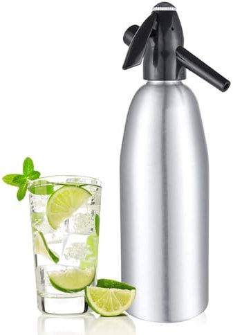 Sifone per acqua frizzante, sifone per soda da 1 l, in alluminio, per la casa, portatile, per acqua gassata, cocktail o acqua gassata, utilizza cartucce di CO2 da 8 grammi (non incluse) (argento)