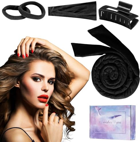 Locken Ohne Hitze,Rutschfest DIY Hair band Set in, Lockenwickler Über Nacht für Langes Haar (Schwarz 1 set, Für Lange & Kurze Haare)