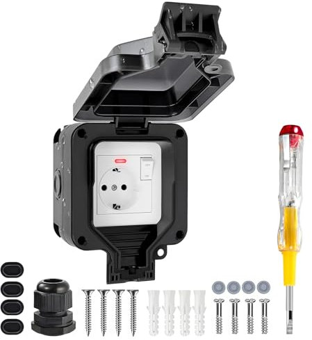 Vonsera Außensteckdose Wasserdicht IP66, 1-Fach Outdoor Steckdose mit Schalter Kontrollleuchte, Abschliessbar Ausensteckerdose Aufputz mit Klappdeckel für Garten & Feuchträume, Schwarz