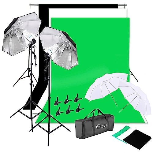 Bonnlo Kit Studio Photo et Éclairage Kit Studio Photo Complet avec 2 Lampes 135W 2 Parapluies 3 Fonds (Noir/Blanc/Vert) Studio Photo Kits Supports Réglables et Sac de Transport pour Portrait Produit