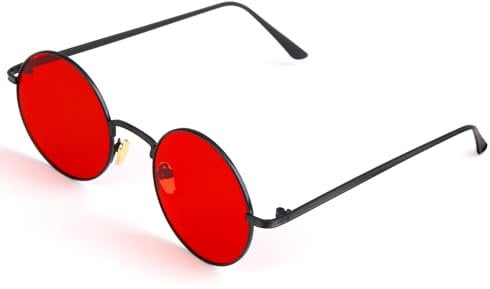 Jesiah Round Sunglasses Mens, Polarised Sun Glasses UV400 Protection Classic Retro Hippie Small Circle Unisex Womens Men Glasses Metal Black Frame Red lenses