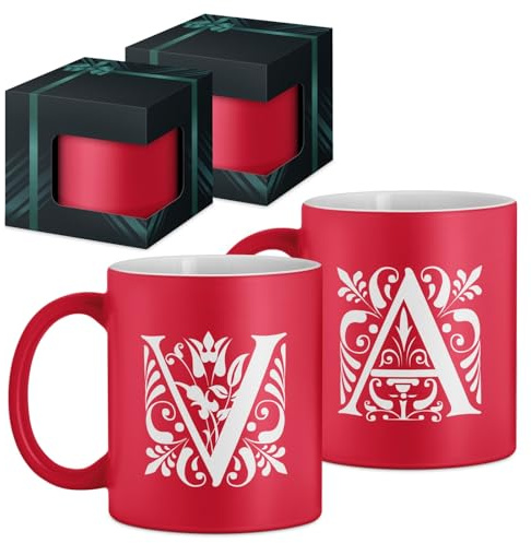 Maverton 2x Tasse Personnalisable, Ensemble de Mugs Café pour couple | Monsieur et Madame, Personnalisé, Cadeau Mariage, Cadeau Couple, Tasse à Café 330ml avec coffret cadeau, rouge mat, prénoms