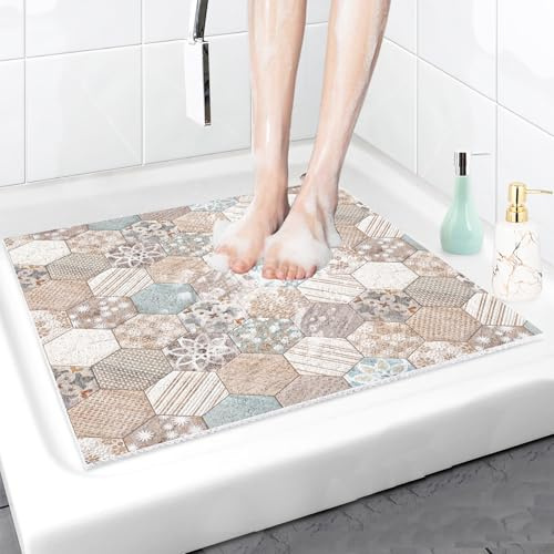 ZOKBOM Tapis de Douche Antidérapant 80x80cm, Grand Tapis de Salle de Bain en Luffa avec Drain, PVC Anti Moisissure Tapis de Baignoire pour Personnes âgées (Brun, 80 x 80 cm (Carrée))