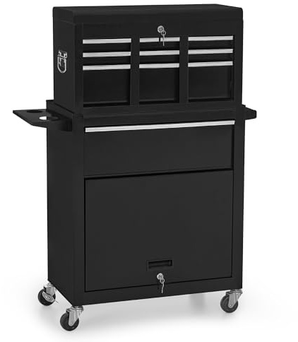 M MCombo 2 en 1 Chariot d'atelier incluant Coffre avec 6 Compartiments, 1 Armoire et 6 Crochets, Chariot d'atelier Vide sans Outils, Chariot Roulant pour Atelier, 33x81x108 cm, 0097