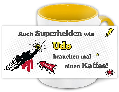 Namens-Tasse Udo mit Superhelden-Motiv für Kaffeetrinker, gelb/weiss