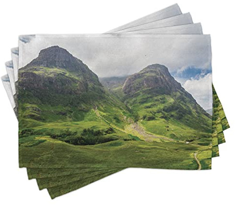 ABAKUHAUS Schottland Platzmatten, Glencoe Schottisches Hochland-Berg-vorzügliche Hügel unter bewölktem Himmel-Ansicht, Tiscjdeco aus Farbfesten Stoff für das Esszimmer und Küch, Weiß Farngrün