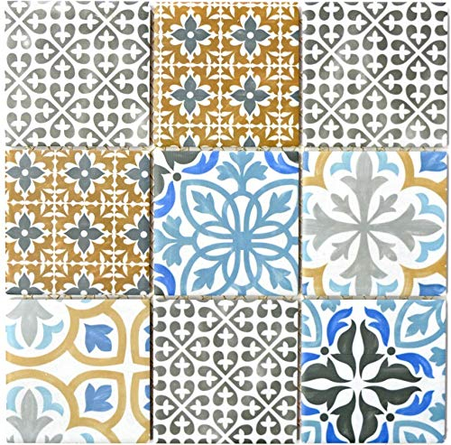 Carreaux de mosaïque rétro vintage en céramique - Carrelage crème, bleu, orange, gris mat