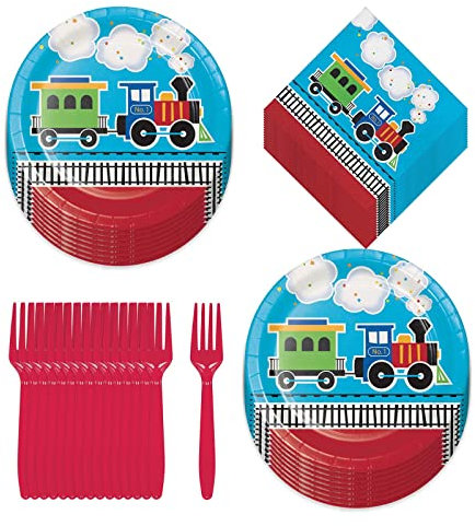 Train Theme Party Supplies - All Aboard Paper Dinner Plates and Luncheon Napkins (Serves 16)