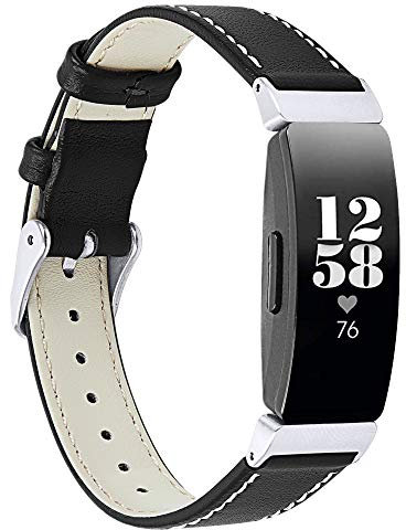 Jennyfly Ersatzarmband kompatibel mit Fitbit Inspire 2, Damen und Herren, schmal, klassisches Leder-Ersatzarmband, Armbänder mit Metallschnalle, verstellbar 14 - 20,3 cm, Schwarz