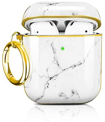 Newseego Compatible with AirPods Case,Stylish Marble Design Cute Soft Skin Shockproof Protective Cover Full Protection Case for Airpods 1/2 with Practical Metal Keychain [LED Light Visible],White