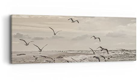 ARTTOR Bilder auf Leinwand 90x30cm Wandbild Landschaften Maritim - 4723 | Möwen Küste Boho Panorama Klein Wanddekoration Wohnzimmer Schlafzimmer Wanddeko Wand Kunstdruck Wandkunst Wall Decor ARTTOR