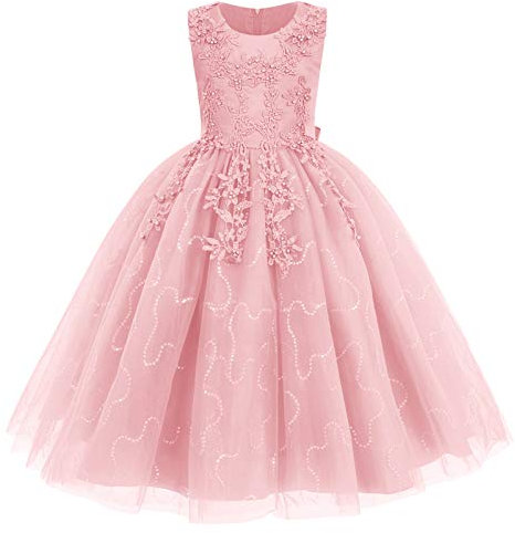 IWEMKE Robe Princesse Longue pour Enfants Filles - Tulle Dentelle, Fleur Brodée, Sans Manches - Mariage, Soirée, Demoiselle d'Honneur, Pageant, Baptême, Fête, Anniversaire, Carnaval - Rose 3-4 Ans