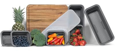 TidyBoard - Sistema de preparación de comidas, tabla de cortar inteligente sobre el fregadero con 1 colador grande, tinas y tapas, tabla de cortar de madera de acacia de 1 pulgada de grosor con