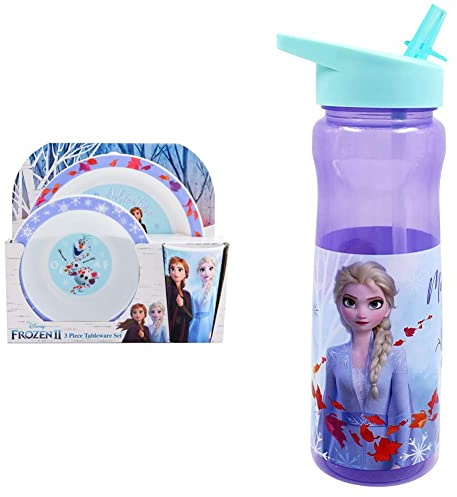Disney II Frozen Kids Tableware 3 Piece Reusable PP Plate – for 24 Months & Up & Frozen Water Bottle with Straw – Reusable Kids 600ml PP – in Purple, Multi Colour