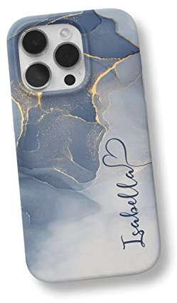 iCaseDesigner Personalised Watercolour Marble Name with Heart Phone Case Compatible with iPhone 14 Pro Max - 14. Blue Grey - Vertical Name