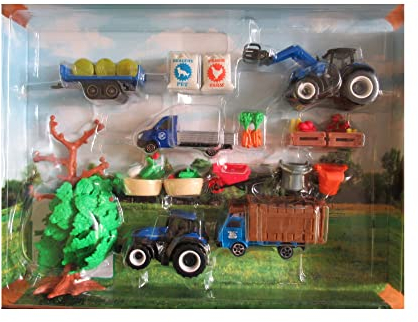 Bauernhof Set Diecast 2 Traktoren New Holland blau mit Anhänger und Anderen Fahrzeugen und Zubehör - Maßstab 1:64 - Länge Trecker 7cm