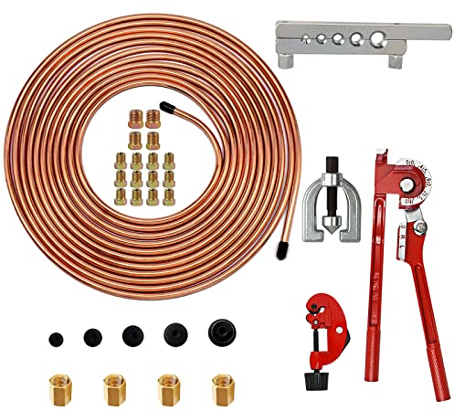 MuHize 1/4 Bremsleitung – verbessertes Bremsschlauch-Set, 7,6 m. mit 16 umgekehrten Flare Armaturen und 4 Verbindungen + Doppel- und Einzel-Bördelwerkzeug-Set mit Rohrschneider und Rohrbieger im