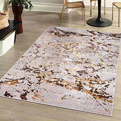 Mazovia Modern Teppich Wohnzimmer, Kurzflor elegant glänzender - Abstrakt Marmor Design - Wohnzimmerteppich in Beige Creme mit Gold 80 x 150 cm