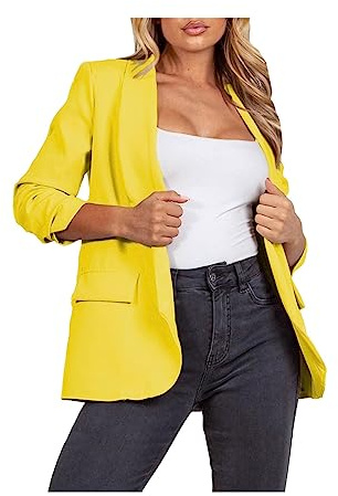 FAIRY BOUTIQUE Womens Plain Open Front Frill Ruffle Duster Coat Ladies 3/4 Sleeve Pockets Jacket Blazer Yellow