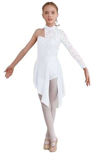 Runhomal Mädchen Spitze Tanzkleider Lyrical Ballettkleid Ballettkleidung Einteiler Turnanzug Gymnastik Jumpsuit Trikot Body mit Tutu Rock Tanzkleidung Weiß 158-164