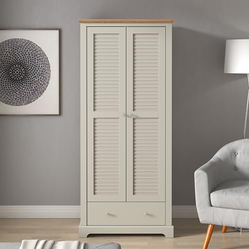 Galano Milan 2 Door 1 Drawer Wardrobe - Bedroom Furniture Unit with Hanging Rail Storage and Drawer, Wardrobe Storage Organizer (Light Grey/Oak)