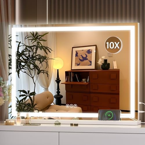 Hasipu Kosmetikspiegel mit Lichtern, 70 x 50cm LED-Make-up-Spiegel, beleuchteter Make-up-Spiegel mit 3 dimmbaren Modi, Kosmetikspiegel mit Touchscreen Steuerung Quadratisch Weiß
