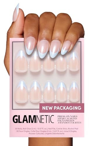 Glamnetic Press On Nails - Blueberry Icing | Short Almond Baby Blue French Tip Nails with a Glaze Finish | 15 Sizes - 30 Nail Kit with Glue