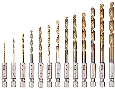 SDMAX Twist Drill Bit Set, 1/4” Hex Shank, Titanium Coated(1.5mm-6.5mm), Smooth Drilling, Quick Change Drill Bits For Steel, Wood, Plastic, Aluminium (13PCS)