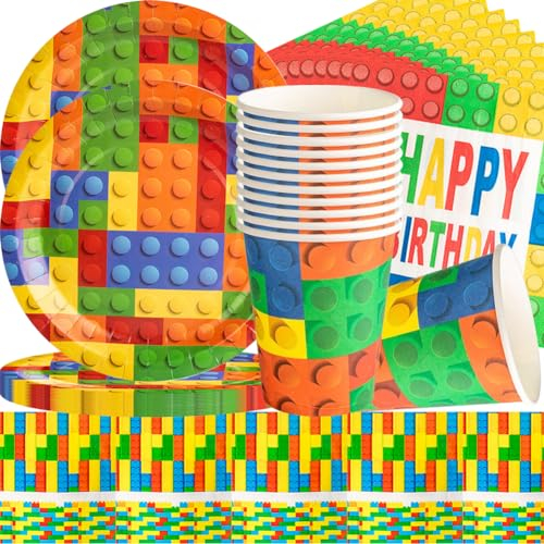 QYEHF Bloques de construcción Vajilla, Decoracion de Fiesta de Bloques de Construccion, Platos de Papel Ecológicos-61PCS Suministros para Fiestas de Platos,Plato, mantel Servilletas,Vasos,20 Personas