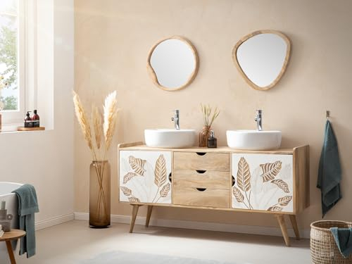 Woodkings Badmöbel-Set Barani | Waschtisch mit Spiegel aus Mangoholz | 3 teiliges Badezimmer Möbel | Waschtisch 150cm mit Stauraum | Elegantes Design