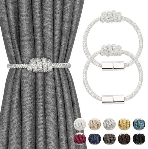 Pretty Jolly 2 Pack Mini Magnetic Curtain Tiebacks Modern Simple Style Drape Tie Backs Elegant Hand Weave Rope Knot Decorative Curtain Holdbacks for Home & Office Window Drapery (White)