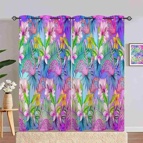 ANHOPE Tropisch Rosa Flamingo Blume Gardinen Blickdichte mit Ösen Kinder Mädchen Thermo Vorhänge Blackout Curtain Vorhang Wohnzimmer Schlafzimmer Verdunklungsvorhänge 2er Set H 245 x B 140 cm