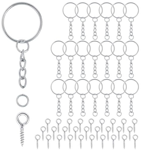 Anneau Porte Clef 86 Pièces Split Anneaux Porte Clé 86 Vis Oeil Attache Porte Cléf Loisir Creatif Chainette Porte Clé 25 mm Kit Porte Clef a Fabriquer pour DIY Fabrication de Bijoux(Argent)