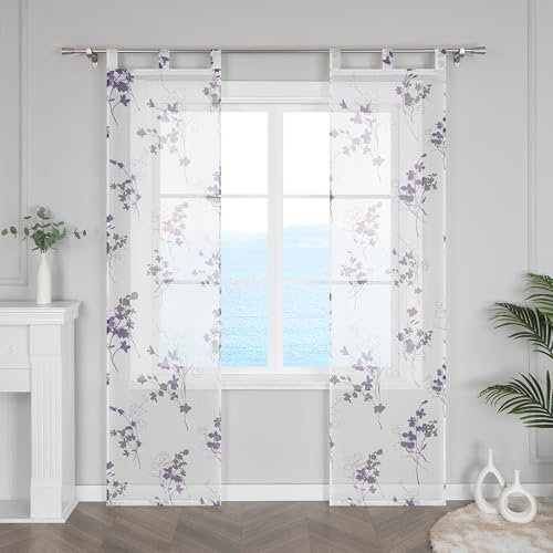 ESLIR Schiebegardinen Weiß Flächenvorhänge Set 2er Voile Schiebevorhang mit Schlaufen Wohnzimmer Schlaufenschals Gardinenschals Transparent mit Blumenmotiven Violett BxH 57x175cm 2 Stück