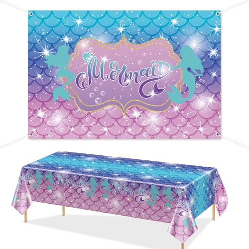 Meerjungfrau-Tischdecke und Meerjungfrauen-Geburtstags-Hintergrund-Set – 1,8 x 1,2 m, Meerjungfrauen-Themenparty, Foto-Requisiten mit 220 x 130 cm, Meerjungfrauen-Tischdecken