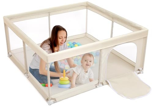 BEJOY Laufstall Baby Laufgitter 125 cm, Kompakt und Stark, Schaumstoffschutz, Rutschfester mit Transparentem, Atmungsaktivem Netz, Reißverschluss für Babys und Kleinkinder, Indoor & Outdoor