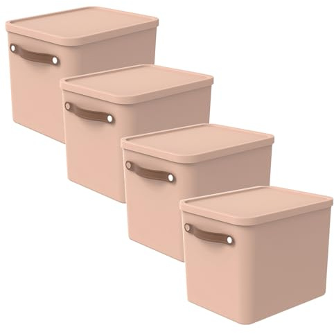 Rotho Maloja Aufbewahrungsbox mit Deckel 4 x 27 L stapelbar im 4er-Set Rosa | Aufbewahrungsboxen für Ordnung, sicher stapelbar, ergonomische Griffe, passend für Papier bis C4, 98 % recycelter Kunststoff