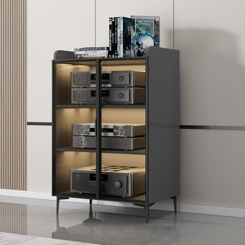 Medienaufbewahrungsschrank Moderner Stereo-Rack-Systemschrank mit 2/3 Regalen AV-Schrank mit Glastüren Medienkonsole ohne LED-Licht für Besprechungs Wohn Gaming und Aufnahmeräume.(Nero,60X42X118cm)