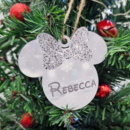 Add a Dash of Magic to Your Christmas Tree with Personalised Black Glitter Effect Mouse Christmas Baubles - Mouse Holiday Decorations, Custom Name (Grey, Mdf Wood Girl Mouse)