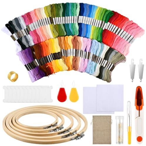 ANNTIM 126 PCS Stickerei Starter Kit Punch Needle Kit,100 Farben Stickerei Set+5 Pcs Bambus Stickrahmen,2 Stück Stanznadeltuch,1 Leinentasche mit Kordelzug,Stickset für Anfänger,Lagern Kreuzstich Set