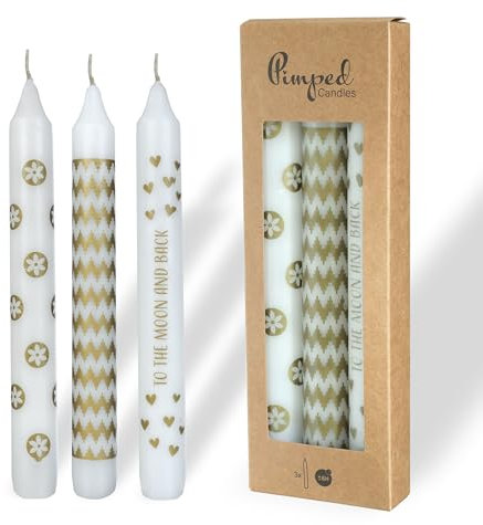 COMFORDER Stabkerzen Set, 3x Tafelkerzen mit Spruch + Motiv, 20cm, 7 Stunden Brenndauer (Weiß + Gold)