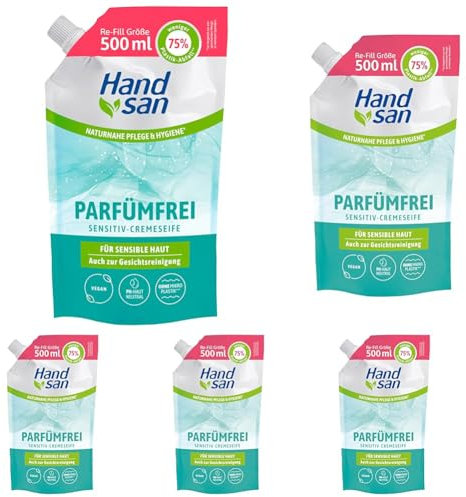Hand san Cremeseife parfümfrei Nachfüllbeutel 500ml, parfüm-, seifen und farbstofffrei, Händewaschen & Gesichtsreinigung, Rezeptur ohne Mikroplastik, pH-hautneutral, VEGAN (Packung mit 5)
