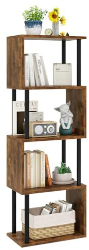 IBUYKE 5/6-Tier Tall Bookshelf,S-Shaped Geometric Bookcase, Wood Display Shelves With Storage,Industrial Bookshelf for Living Room Bedroom, Home Office, Rustic Brown WBC015H