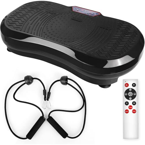 TLGREEN Vibrationsplatte mit Ultra leiser Motor, 120 Stufen + 10 Trainingsprogramme, Größe 68x38x14 cm, Bis 180KG, mit Fernbedienung, Trainingsbänder, fur Ganzkörpertraining Fett verlieren, Schwarz