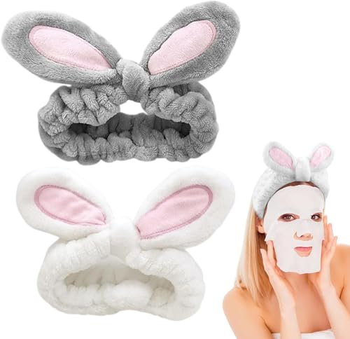 2 Stück Haarband Kosmetik, Spa Stirnband Damen, Hasenohren Make Up Stirnbänder, Elastische Haarband Dusche für Damen, Korallenvlies Waschen Gesicht Kopfwickel für Dusche Hautpflege Sport Yoga
