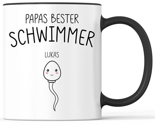 Tasse mit Spruch Papas bester Schwimmer beste Schwimmerin Becher 1 Kind Papa Vater Papi - lustiges Geschenk - Kaffeebecher als Geschenkidee - Kaffeetasse 330ml - Weiss-Schwarz